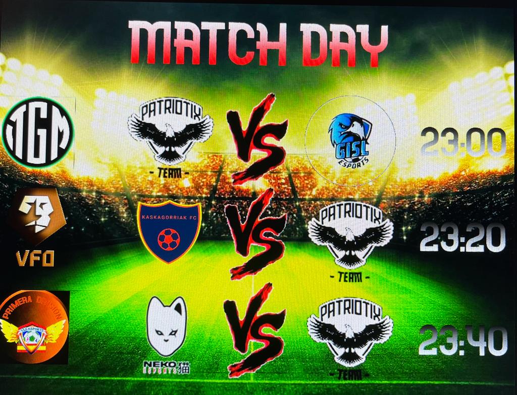 HOY TENEMOS JORNADA INTENSA CONTRA RIVALES FUERTES!! 
@Liga_TGM vs @Gislesports
<a href="/VFOspain/">VFO España</a> vs <a href="/kaskagorriak/">🔴🟢Kaskagorriak FC🔴🟢</a>
<a href="/LigasZero/">Liga Zero</a> vs <a href="/nekoesports_/">NEKO E-SPORTS</a> 

Mucha suerte a los 3 rivales!!! 

VAMOS PATRIOTIX!!⚽🤍