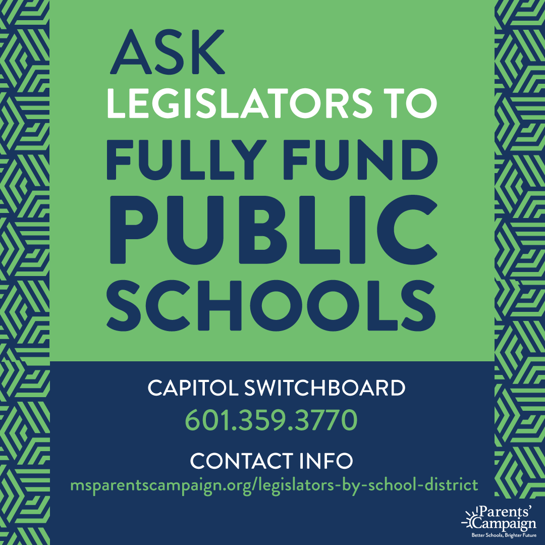ParentsCampaign's tweet photo. KEEP CALLING! Tell #msleg you want fully funded public schools. More than enough $$ available.
Leave messages for legislators: 601.359.3770
& leaders:
Speaker Gunn: 601.359.3300
Approp Chair Read: 601.359.3340
Lt. Gov. Hosemann: 601.359.3200
Approp Chair Hopson: 601.359.3250 https://t.co/Gm2wafv2cI