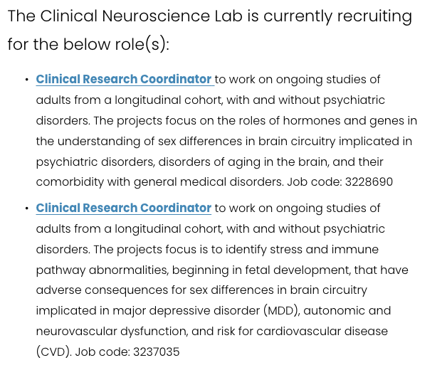 The #MGH Clinical Neuroscience Lab of #sexdifferences in the Brain is recruiting 2 Clinical Research Coordinators. More information below and on the Lab's website: cnl-sd.mgh.harvard.edu/careers