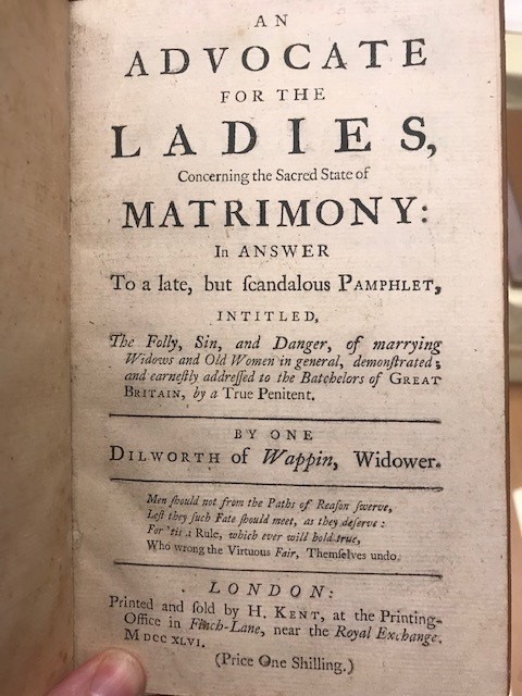 Super excited about this new acquisition: A set of 18th c. pamphlets by authors of both genders around "the woman question" pertaining to the rights and social status of widows.
