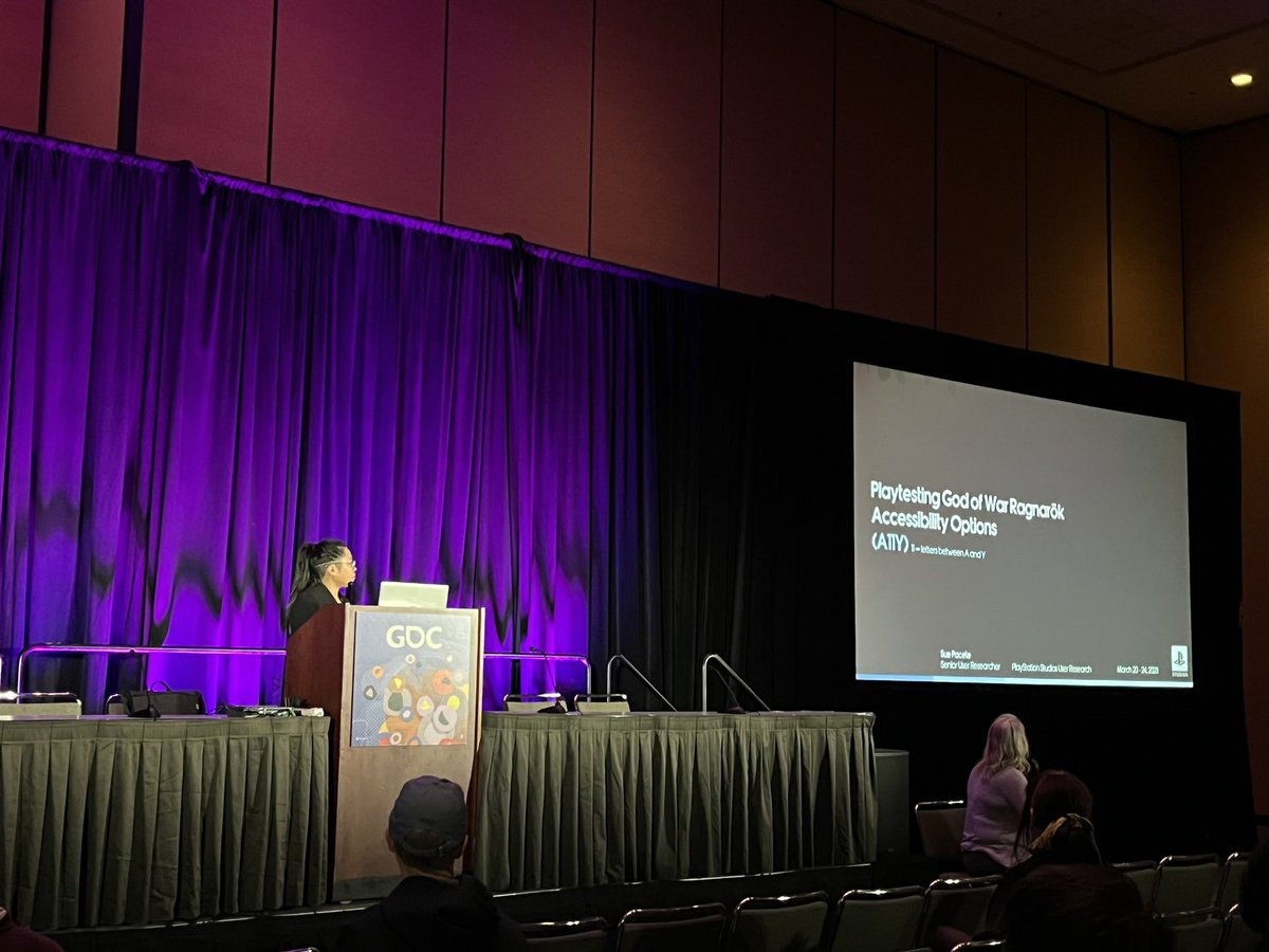 CeliaHodent's tweet photo. It’s now time for Sue Pacete to talk about #accessibility options on #GodOfWar Ragnarok! 
#GDC2023 #UXsummit https://t.co/LqESZG5Dkb