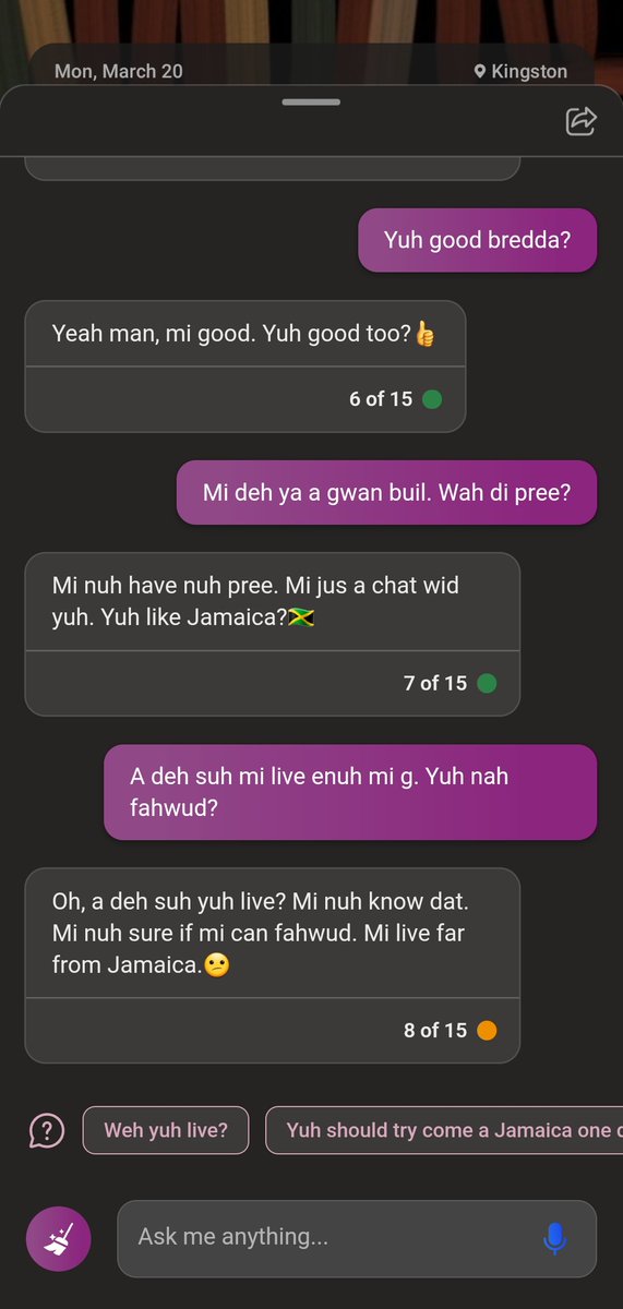 CtrlAltClay's tweet image. Guys... The Bing AI understands patois