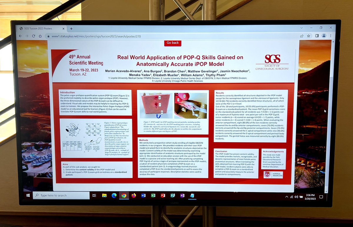 Congratulations to our PGY3 resident ( and aspiring FPMRS fellow) Ana Burgos and #LoyolaFPMRS faculty Dr. <a href="/MarianAcevedoMD/">Dr.MAA</a> on their 3 posters using the iPOP model to teach the POPQ system! #meded #soproud @lumcobgyn #sgs2023