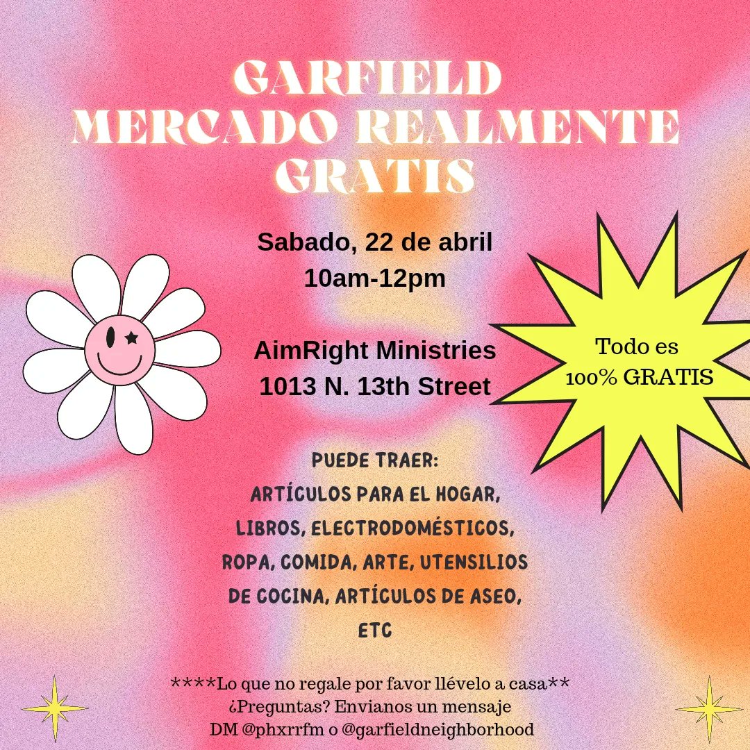 Mark your calendars for the next Garfield Really Really Free Market! Join us Saturday, April 22nd from 10am-12pm at AimRight Ministries on 13th Street and Roosevelt.