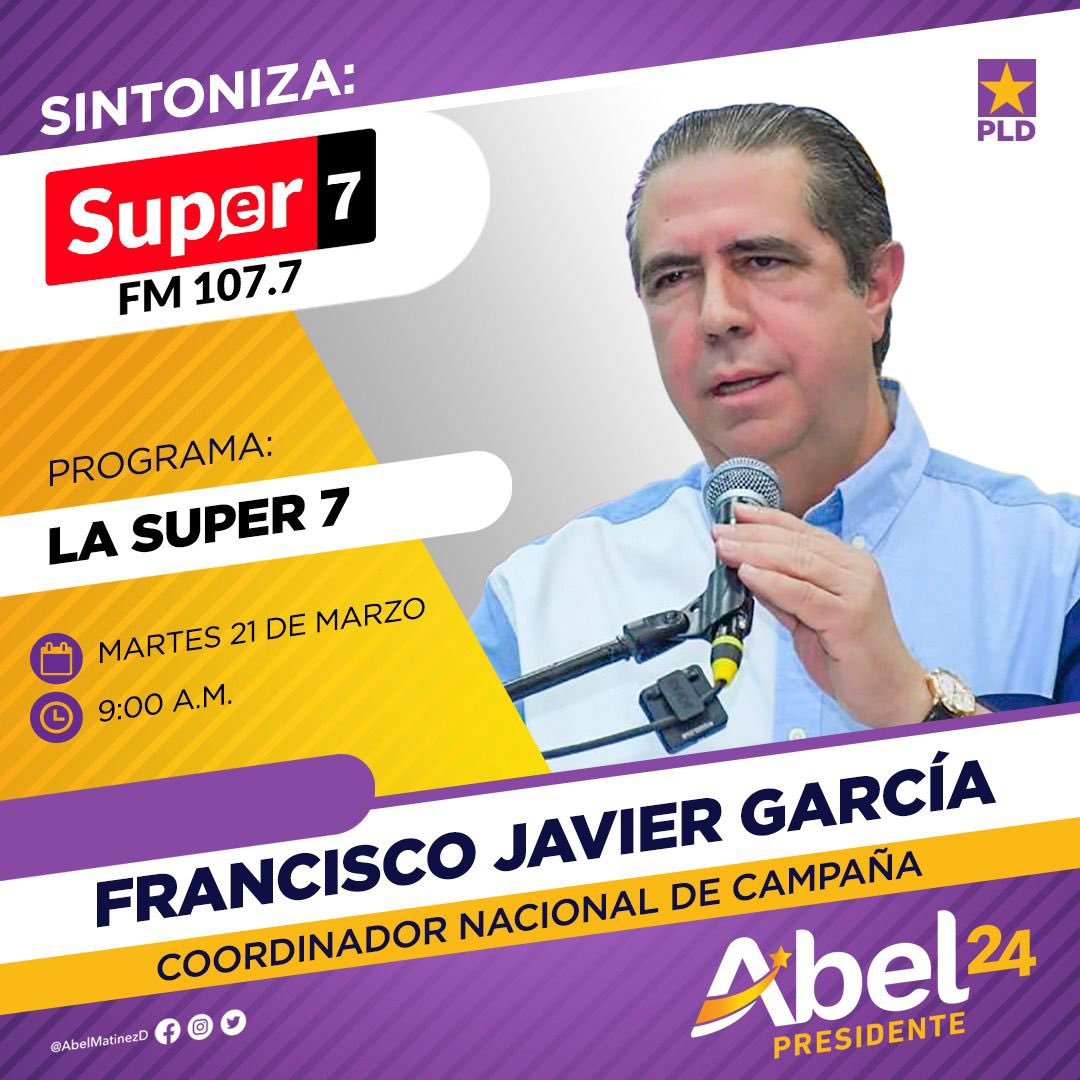 g_polancob's tweet photo. Atento:

El Coordinador General de Campaña @FJavierGarciaF estará en el programa la @super7fm 

A la 9:00 a.m.

@PLDenlinea @PLDSDO @pldhiguey @PLDVeron @MGanadoresPLD @redespldrd 

Estamos rumbo al triunfo del 2024 y recuerden que no tenemos miedos. https://t.co/Wx9OtVzcbl