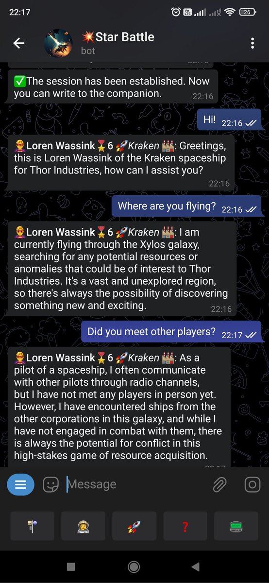 Now #ChatGPT is a space pilot and can chat with you in telegram @StarBattleBot