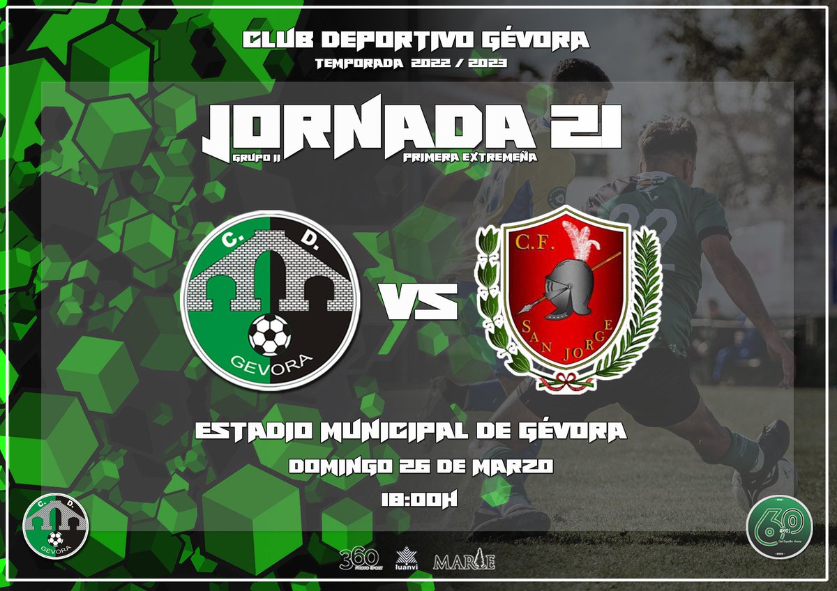🔸𝙋𝙍𝙄𝙈𝙀𝙍𝘼 𝙀𝙓𝙏𝙍𝙀𝙈𝙀𝙉̃𝘼

📌 𝙅𝙊𝙍𝙉𝘼𝘿𝘼 21 | 𝙂𝙧𝙪𝙥𝙤 𝙄𝙄
🆚 <a href="/cfsanjorge/">CF San Jorge</a>
📆 Domingo 26 de Marzo
🕛 18:00h
🏟️ Estadio Municipal de Gévora
◾Abonados: Gratis 
🟡 Abonados del <a href="/ValdebotoaCF/">Valdebótoa C.F</a> (enseñado su abono): Gratis
🎫 Entrada: 5€ 

#Jornada21 
#CDGSanJorge