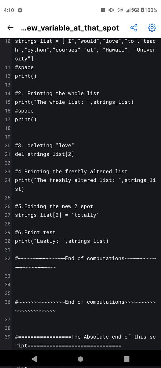 WallyOwi30's tweet image. Python 3: One way to delete from a list ,edit the new variable at that spot, and of course print the result. 👋🏾 @uhmanoa
#pythontutors #hawaii #universityofhawaii
