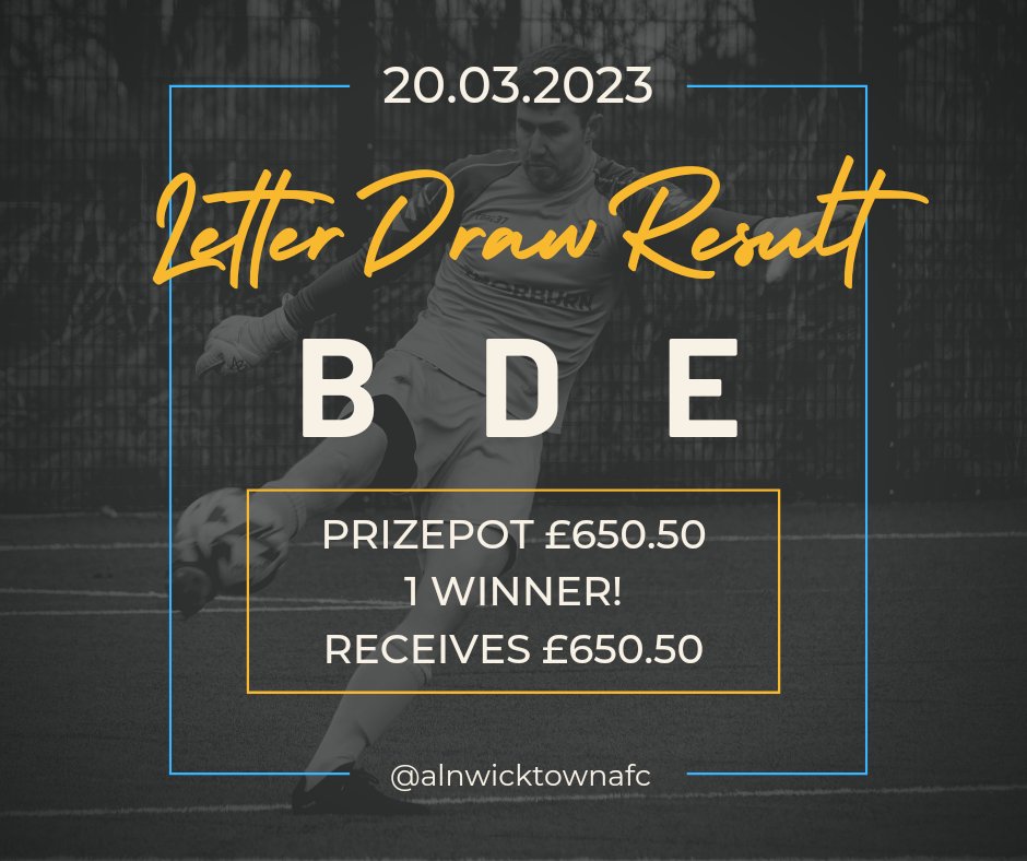 AlnwickTownAFC's tweet photo. 🗣️▪︎Letter Draw Result
🗓️▪︎20.03.2023
🔠▪︎B D E
💰▪︎£650.50
🎉▪︎1 Winner!
🎁▪︎Receives £650.50
🔮▪︎Next week estimate £175!
@juniors_atfc
@AlnwickTownLFC
#AlnwickTown #LetterDraw #Alnwick #Fundraising https://t.co/OuKZ2bYG9l