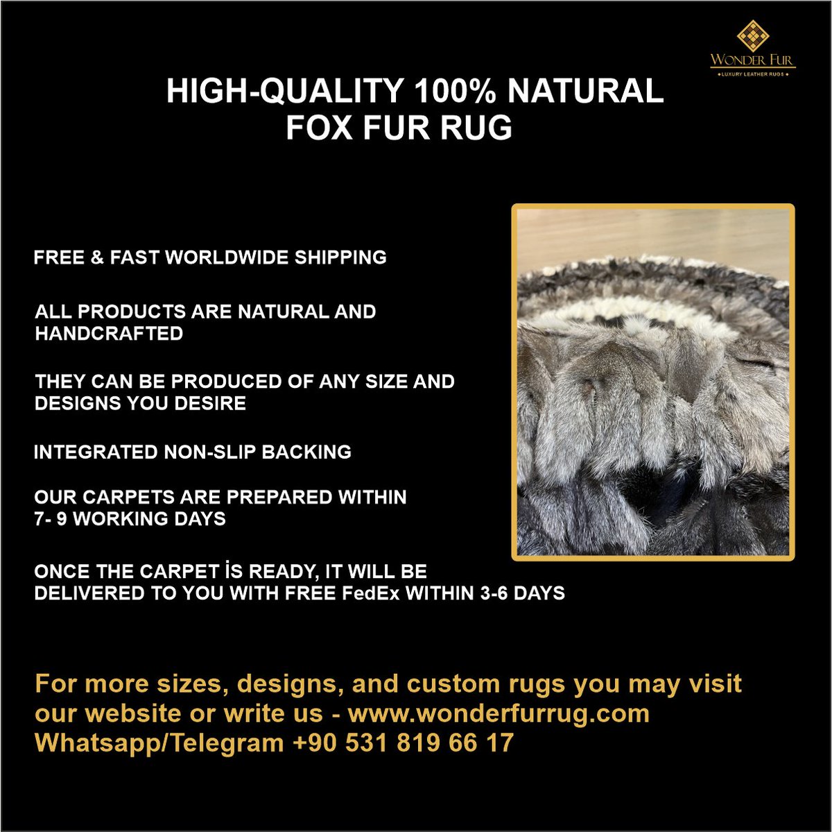 wonderfurrug's tweet image. ✨✨ Our handmade real fox fur rug is a testament to the finest craftsmanship and highest quality materials.
 FREE Worldwide Express Shipping 🌎
wonderfurrug.com

#LuxuryLiving #FurRug #HandmadeQuality #HomeDecor #CustomCarpet #RealFoxFur