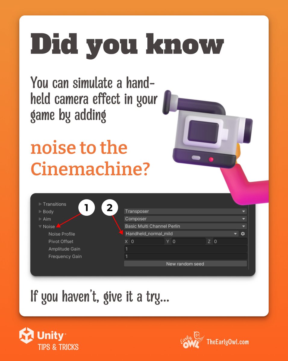 EarlyOwl1's tweet photo. Shake things up in your game (literally!) by adding a touch of randomness with Cinemachine's noise feature. Give the hand-held charm and unique visual style to your game
#UnityTips #unity3d #unity2d #gamedevtip #madewithunity https://t.co/QJNEMD4tQf