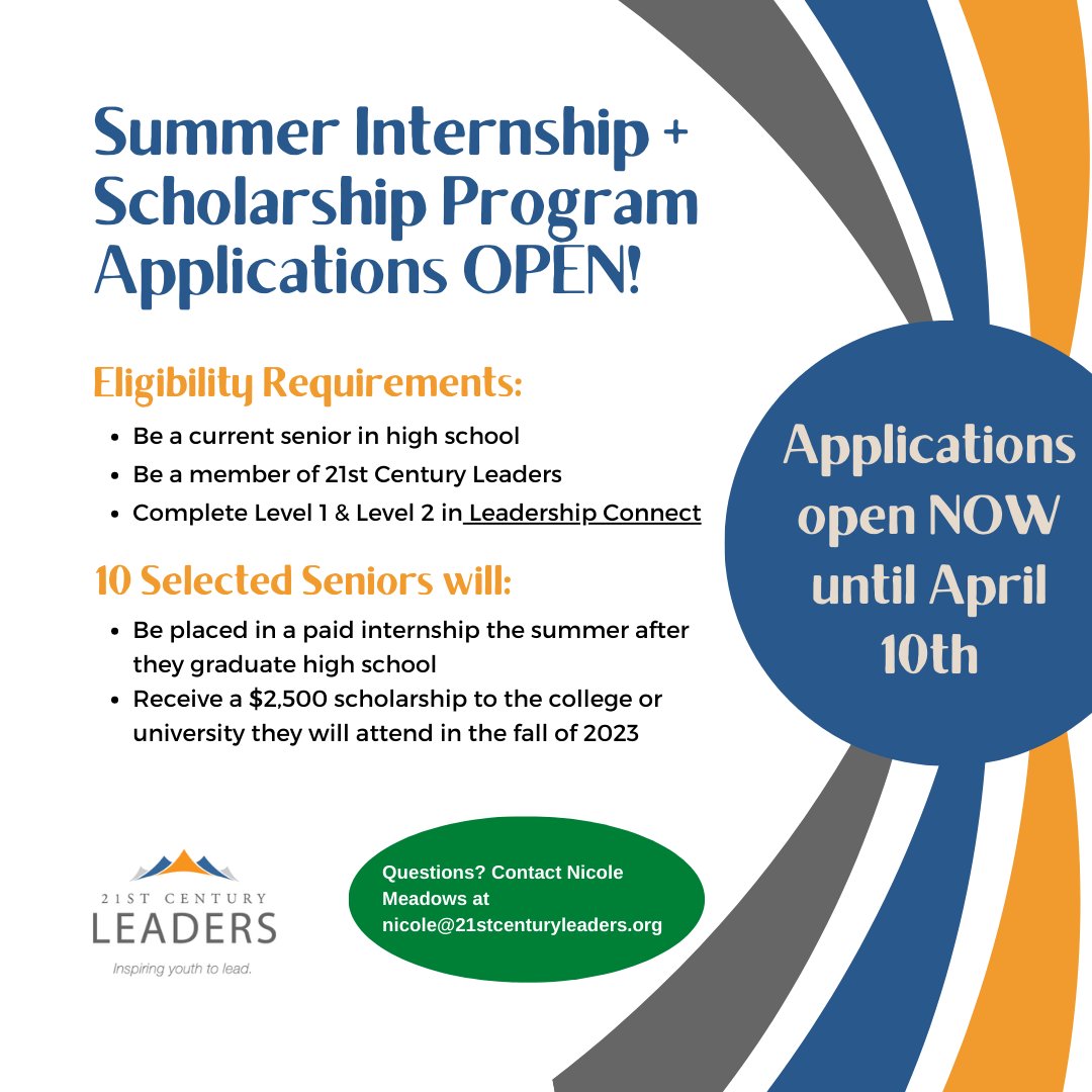 Applications for our summer intership + scholarship program are OPEN NOW! You have until April 10 to complete your app &amp; make sure you meet the other requirements, so good luck. If you have any questions about this opportunity, refer to the info page here: 21stcenturyleaders.org/student-progra…