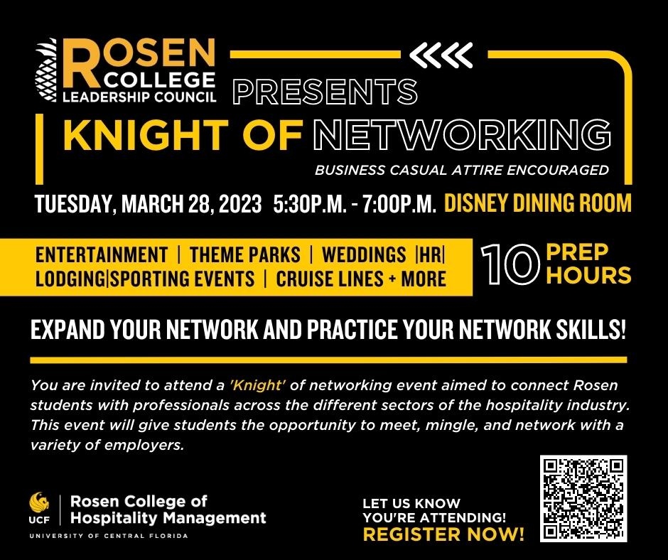 Back from spring break? Mark your calendar for RCLC Knight of Networking on Tuesday, March 28, 2023, 5:30 p.m. in the Disney Dining Room. Earn 10 PREP Hours for attending. Scan the QR code or use the link to register: bit.ly/3IYGwZg
