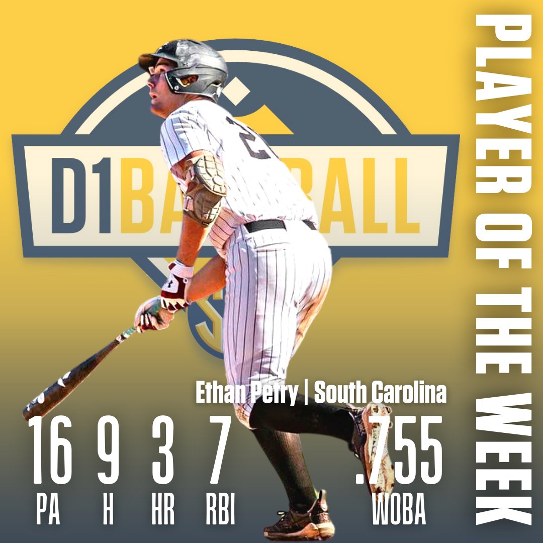 𝐒𝐄𝐂 𝐄𝐱𝐭𝐫𝐚'𝐬 𝐏𝐥𝐚𝐲𝐞𝐫 𝐨𝐟 𝐭𝐡𝐞 𝐖𝐞𝐞𝐤

Ethan Petry | @GamecockBasebll 

16 PA
9 H
3 HR
7 RBIs
.755 wOBA

🔗 d1ba.se/3LyqmHS