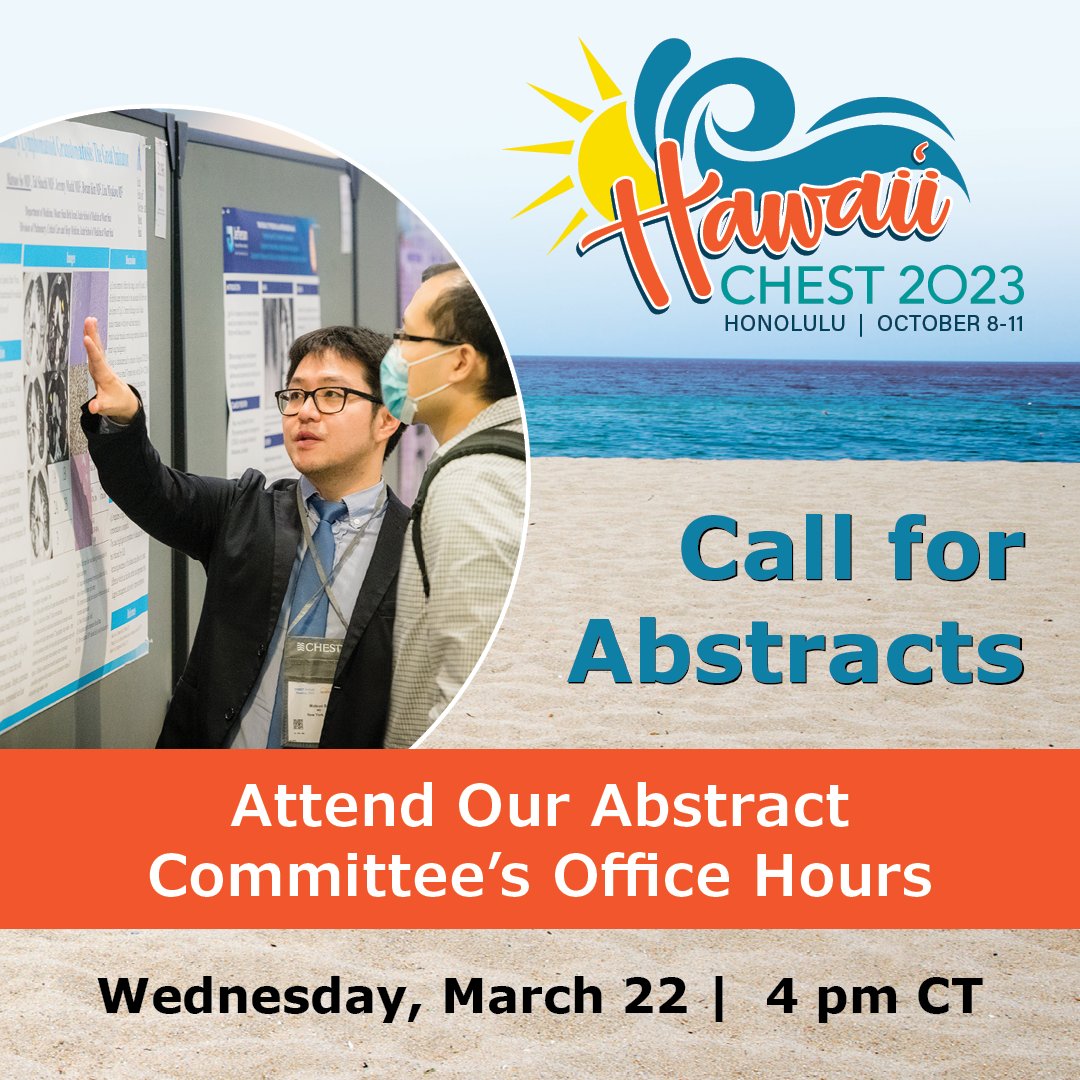 The Scientific Presentations and Awards Committee is holding office hours this Wednesday, March 22 at 4 pm CT, for all those interested in submitting an abstract to #CHEST2023. This will be an open format allowing for questions and answers. Register here: hubs.la/Q01HzKgQ0