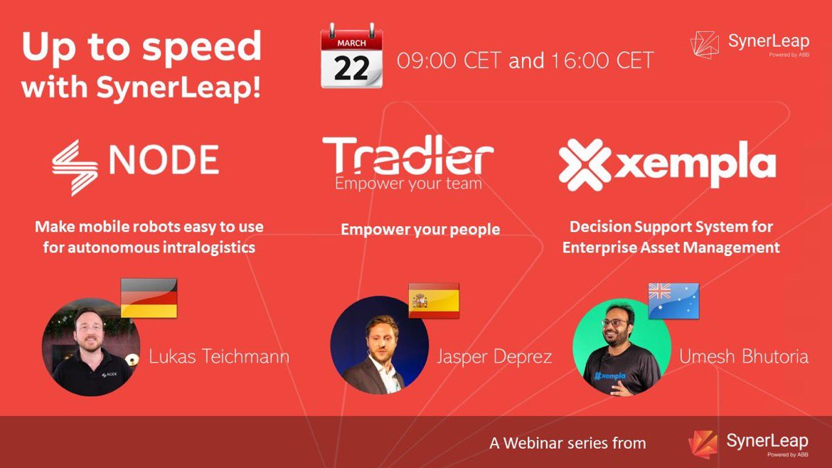 36 hours to go for the next episode of Up to Speed with SynerLeap. We start in Germany with @NODERobotics hop over to Spain to meet Tradler before ending in Australia with @xemplahq. Looking forward to amazing presentations from Lukas, Jasper and Umesh. Can’t wait!