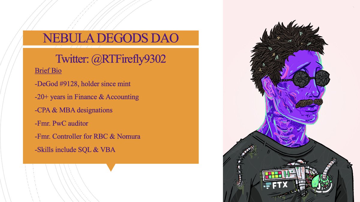 We want to start recognizing our all-star Nebula DeGods members, starting with <a href="/RTFirefly9302/">RTFirefly</a>. Firefly has been with us since mint, and he recently stepped up to become accounting and finance lead for the team.

Please congratulate him on his new role!