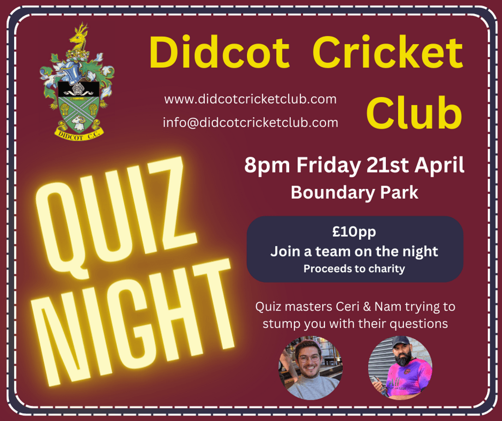 didcotcc's tweet photo. Ready to bowl us over with your general knowledge? Join us at 8pm on Friday 21st April 2023 at Boundary Park for a charity quiz night.
https://t.co/rkG76c0Bou https://t.co/iPmJLYJLry