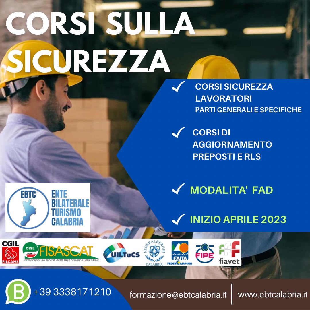 EbtcEnte's tweet photo. 𝐂𝐎𝐑𝐒𝐈 𝐒𝐔𝐋𝐋𝐀 𝐒𝐈𝐂𝐔𝐑𝐄𝐙𝐙𝐀

✅ COMPLETAMENTE ONLINE
✅ 𝗜𝗡𝗜𝗭𝗜𝗢 𝗖𝗢𝗥𝗦𝗜 APRILE 2023

—————————-
Per informazioni ed iscrizioni:
Mail: formazione@ebtcalabria.it
Whatsapp: 3338171210 https://t.co/NTrnH41mck