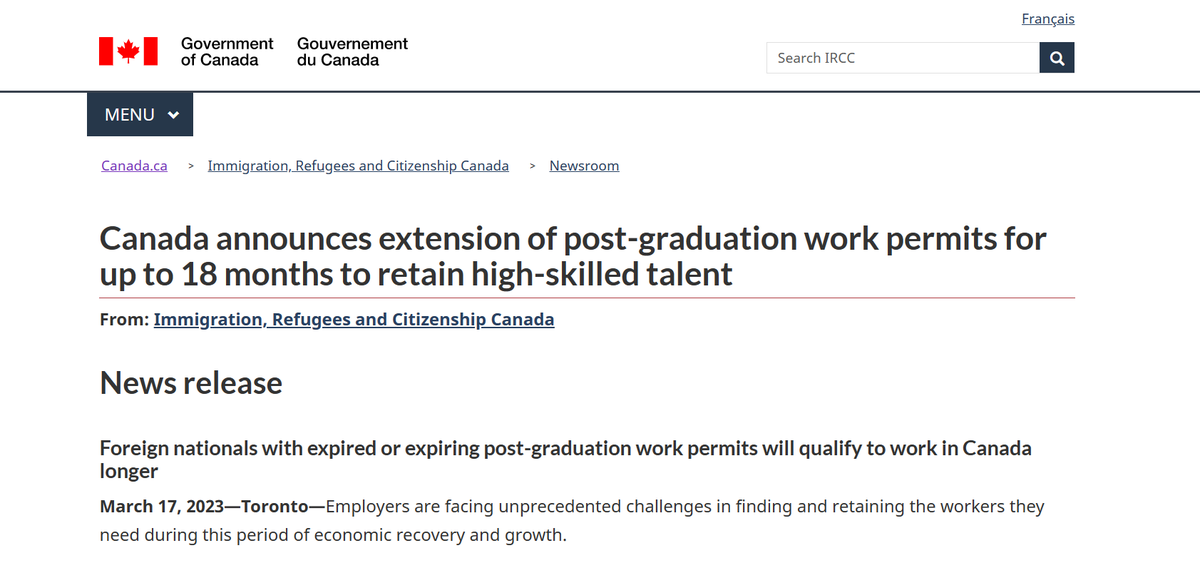 collegeMCT's tweet photo. IRCC just announced that those with an expired or expiring post-graduation work permit (PGWP) will be eligible for an extended work permit, allowing them to stay in the country longer and gain valuable work experience for up to 18 months. #PGWK #internationalstudents #workpermit https://t.co/GRPbH7XRwU
