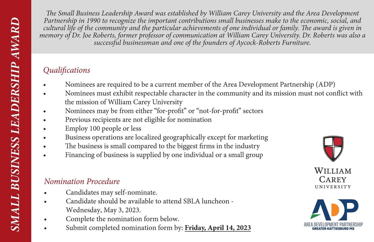 ADPHattiesburg's tweet photo. We need you to nominate a small business! Please view the qualifications below and nominate a small business by Friday, April 14th.
To nominate a small business, click here, https://t.co/MRD80kM8Dx. https://t.co/Kn02mZKv4Y