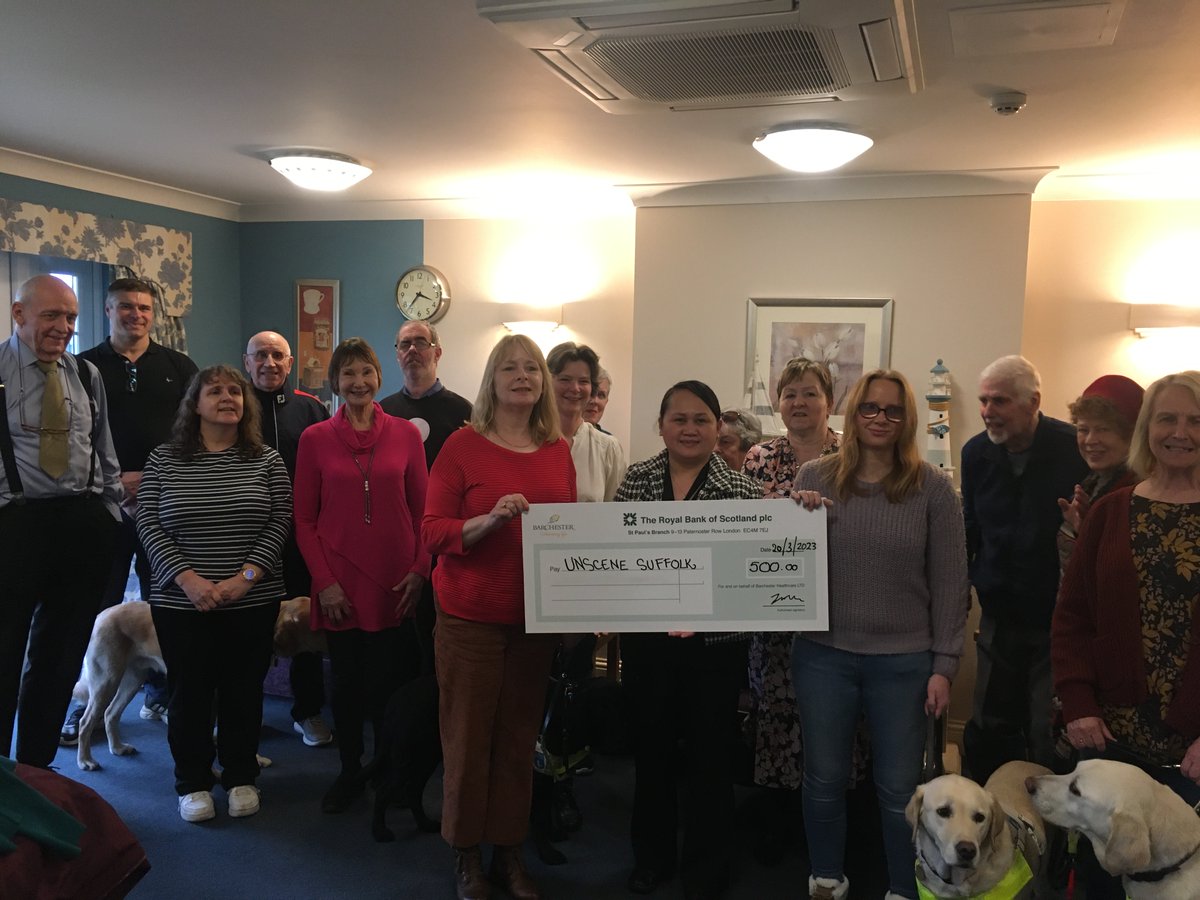 UnsceneSuffolk (@unscenesuffolk) on Twitter photo Big thanks 2 <a href="/Barchester_care/">Barchester Healthcare</a> for their donation for travel costs for our singing group. And thanks to home staff & residents 4 welcoming our singers today! Pic shows a group of Unscene Singers and four #guidedogs, receiving a cheque for £500 from the manager at Alice Grange Big thanks 2 <a href="/Barchester_care/">Barchester Healthcare</a> for their donation for travel costs for our singing group. And thanks to home staff & residents 4 welcoming our singers today! Pic shows a group of Unscene Singers and four #guidedogs, receiving a cheque for £500 from the manager at Alice Grange