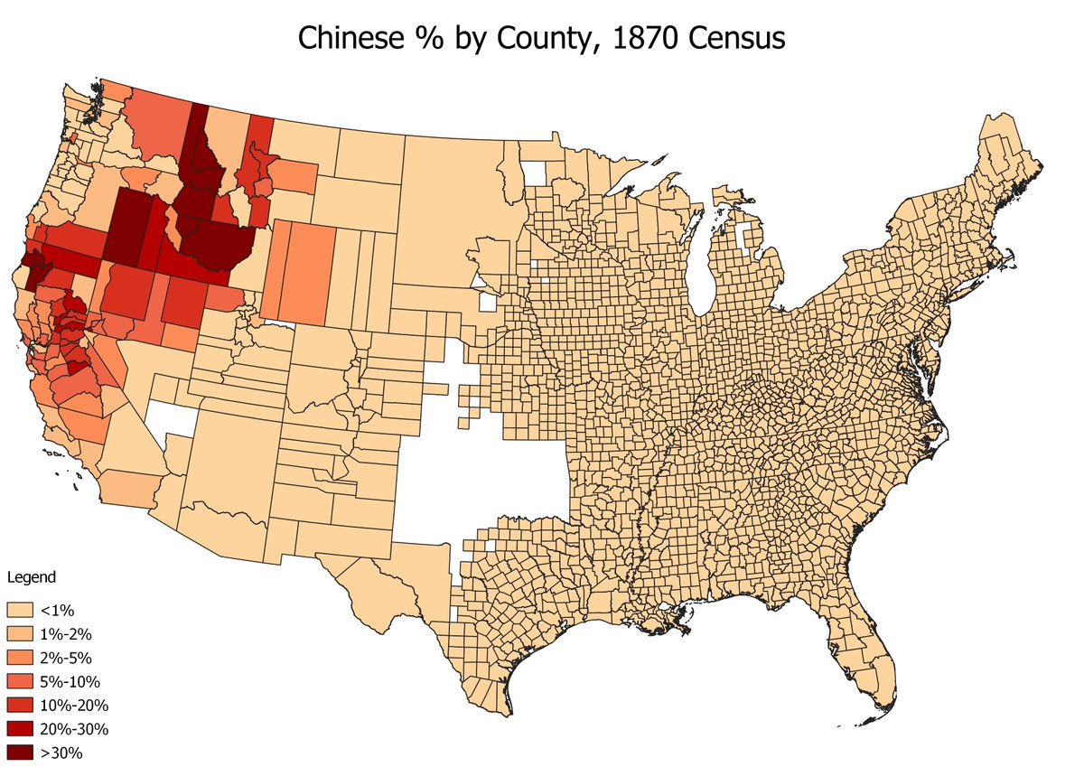 In 1870, only 0.2% of the US was Chinese, but many Western states had significant populations. Idaho was #1 at 29%, followed by Montana and California at 9%.

Here's a map of the Chinese % by county. Shoshone, Idaho was #1 at 65%.