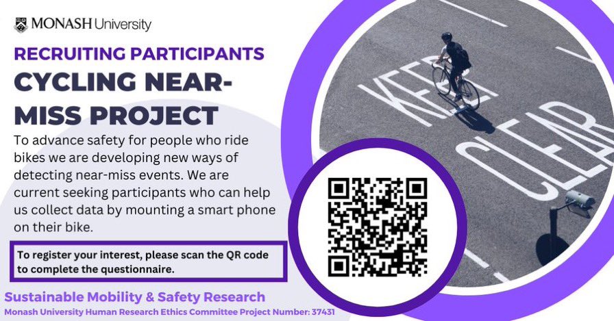 Victorians! We need your help! 

We are recruiting people for a near-miss project - all you need to do is a mount a smartphone to your bike. 

For more information and to sign up - click here: tinyurl.com/265y83th