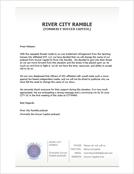 RiverCity_show's tweet photo. Unfortunately the Soccer Capitol podcast will be changing it's name to the River City Ramble.  Please read our press release. #FSKC https://t.co/QfYAgECeFK