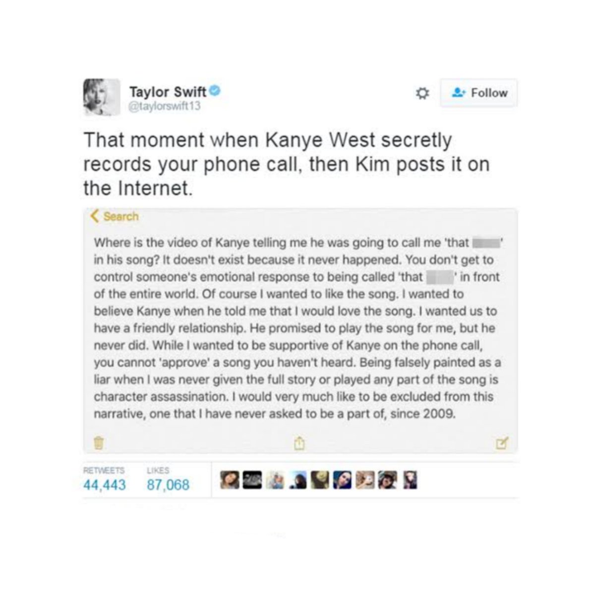TheSwiftSociety's tweet photo. Throw🔙| 3 years ago today, @taylorswift13's "unedited" phone call recording with kanye west came out.

— Proving that she didn't lie. https://t.co/cW37K0OWa3