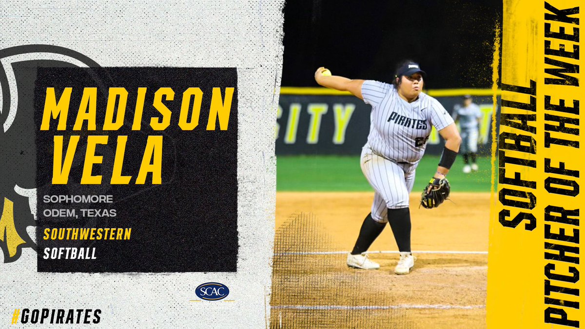 SUPirates's tweet photo. 🥎 | Madison Vela has been named @scac_sports Pitcher of the Week! 

Vela was critical to lifting @supiratessb to just its second perfect 3-0 start in SCAC play since 2016 and first sweep over Trinty since 2019 as she
dazzled in the circle. https://t.co/hVmL7MXLXP
