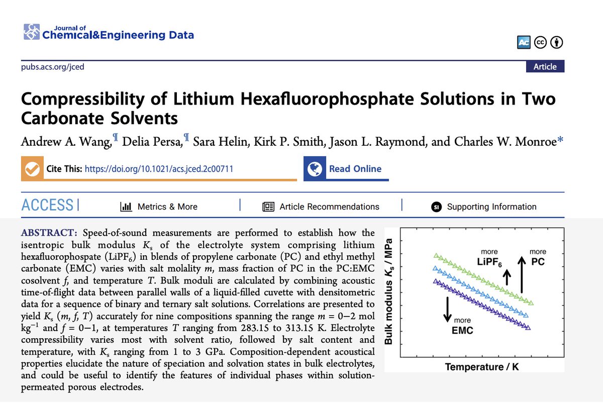 Andrew Wang (@ndrewwang) on Twitter photo Ever wondered about what the compressibility of a lithium hexafluorophosphate solution is in two carbonate solvents?
Some PhD work from <a href="/oxengsci/">Engineering Science, Oxford</a> is now out in the JCED <a href="/ACSPublications/">ACS Publications</a> 🔊🔋🌊
doi.org/10.1021/acs.jc… Ever wondered about what the compressibility of a lithium hexafluorophosphate solution is in two carbonate solvents?
Some PhD work from <a href="/oxengsci/">Engineering Science, Oxford</a> is now out in the JCED <a href="/ACSPublications/">ACS Publications</a> 🔊🔋🌊
doi.org/10.1021/acs.jc…
