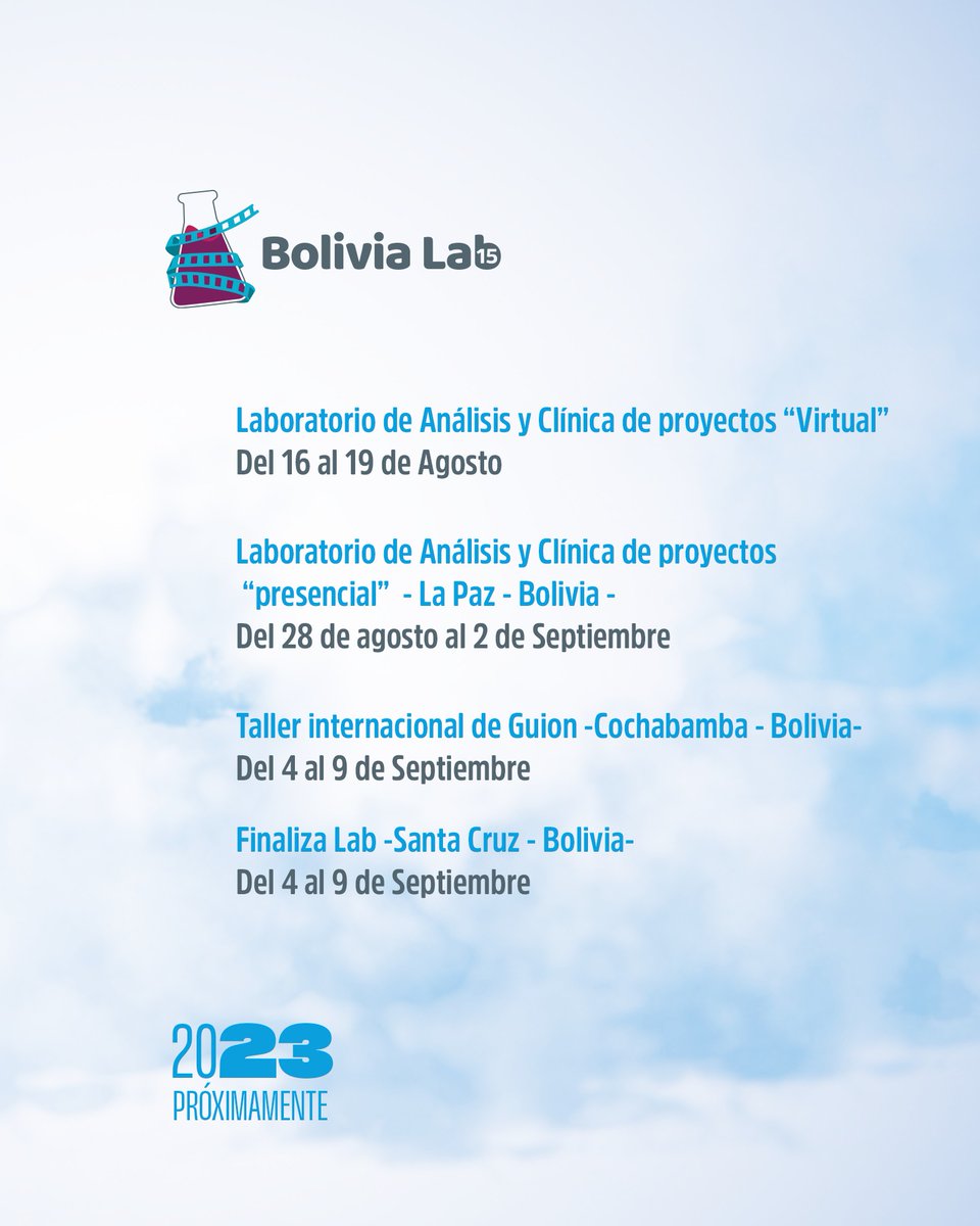 adecinebolivia's tweet photo. Este 21 de marzo, desde el Centro Cultural de España en la La Paz, se realizará el lanzamiento de la 15ª Edición del #BoliviaLab.
Sigue la trasmisión del lanzamiento oficial del XV Bolivia Lab 2023 desde su página de facebook a partir de las 09:30 am https://t.co/sjgS6xgeak