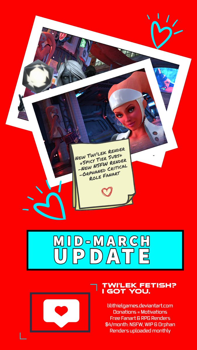 Lilithiel's tweet image. New renders are up at lilithielgames.deviantart.com!

For less than the price of a gallon of fuel, you, too, can get monthly updates with NSFW renders and abandoned fanart. This month's orphan is a Bright Queen/Critical Role fanart that I kicked to the curb.