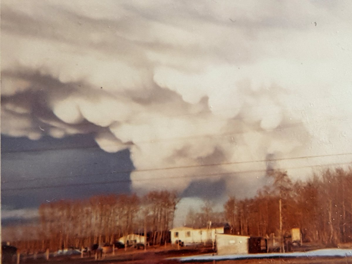 As this is the first day of spring, here is the earliest storm photo I could find in my photo albums. Instamatic mammatus shot from spring of 1972 looking towards Red Deer from Sylvan Lake. We used to call em hail bags.