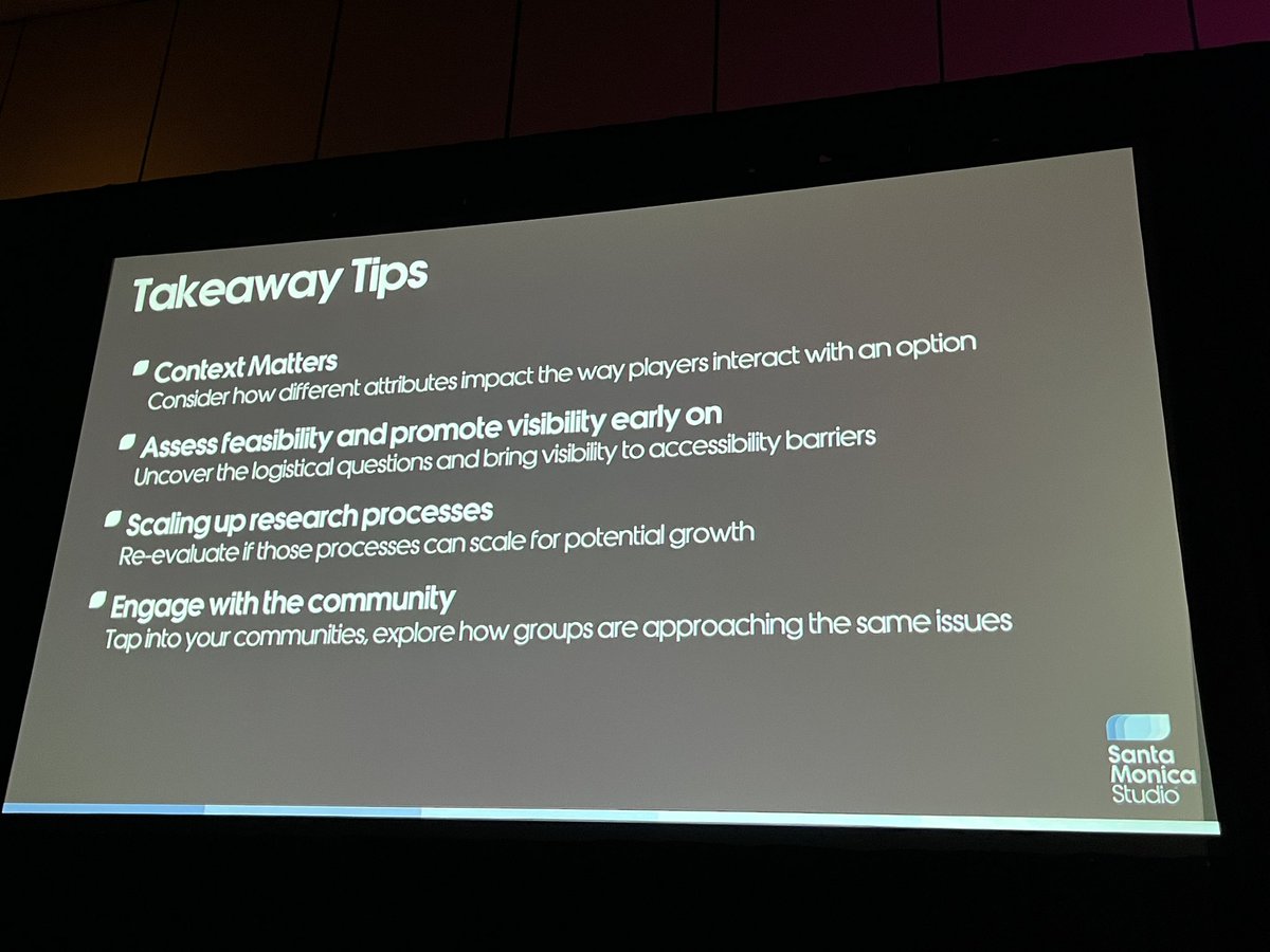 CeliaHodent's tweet photo. Here are Sue’s takeaways:
• context matters (how different attributes impact players’ interaction with an option)
• assess logistics feasibility and promote visibility to a11y barriers early
• scale up research processes 
• engage with your community
#a11y #ux #gamedev https://t.co/yAmyrxk38u