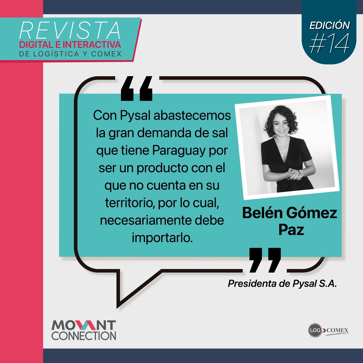 🇵🇾Belén Gómez Paz, Presidente de Pysal S.A.

A través de la sección “Import & Export” , vas a conocer detalles sobre el comercio exterior de la sal entre los países del Mercosur. 

Lee la nota completa: revista.movant.net/nota-la-sal-y-…

#MovantConnection #RevistaDigital
#MujerProfesional