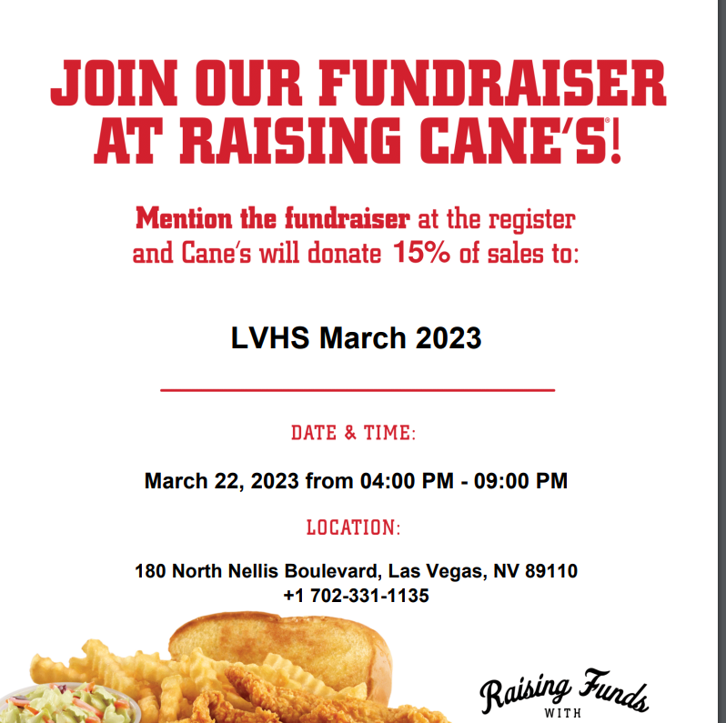 Wildcats- now that spring is officially here, celebrate with Cane's. On Wednesday any orders from 4 to 9 pm will allow Cane's to donate 15% of sales to LVHS as long as you mention the fundraiser. Start the spring season strong, by ordering Cane's on Wednesday.