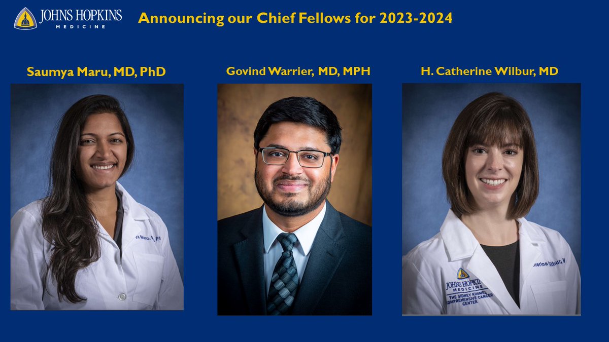 Johns Hopkins Hematology and Oncology Fellowship (@hopkins_hemonc) on Twitter photo We are thrilled, excited, and proud to announce our chiefs for AY24. Dr. @saumarai, Dr. <a href="/WarrierMD/">Govind Warrier MD, MPH</a>, and Dr. Catherine Wilbur. #1Fellowship1Family. Looking forward to the great things you will accomplish in your roles. We are thrilled, excited, and proud to announce our chiefs for AY24. Dr. @saumarai, Dr. <a href="/WarrierMD/">Govind Warrier MD, MPH</a>, and Dr. Catherine Wilbur. #1Fellowship1Family. Looking forward to the great things you will accomplish in your roles.
