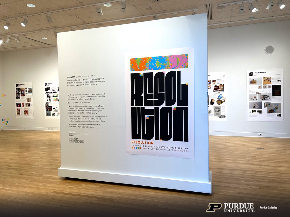 PurdueGalleries's tweet photo. The 2023 Visual Communication Design Senior Exhibition is now on display in Rueff Galleries. There will be a closing reception on Thursday, March 23rd, at 5:30 PM in the galleries. The exhibition will close Friday, March 24th, at 5:00 PM. 

#ArtatPurdue #PurdueLibArts #Rueff https://t.co/7GUYRxdQh6