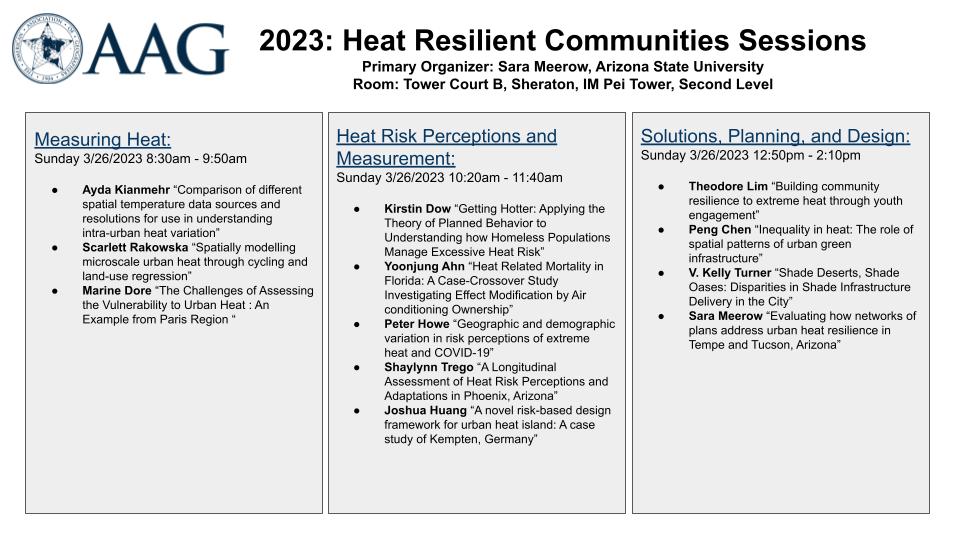 This will be my first time attending AAG in person! Who do I know who will be there? Esp those I've not yet met in real life -- would be nice to meet you~ Our sessions on #heatresilience are below, come check them out!