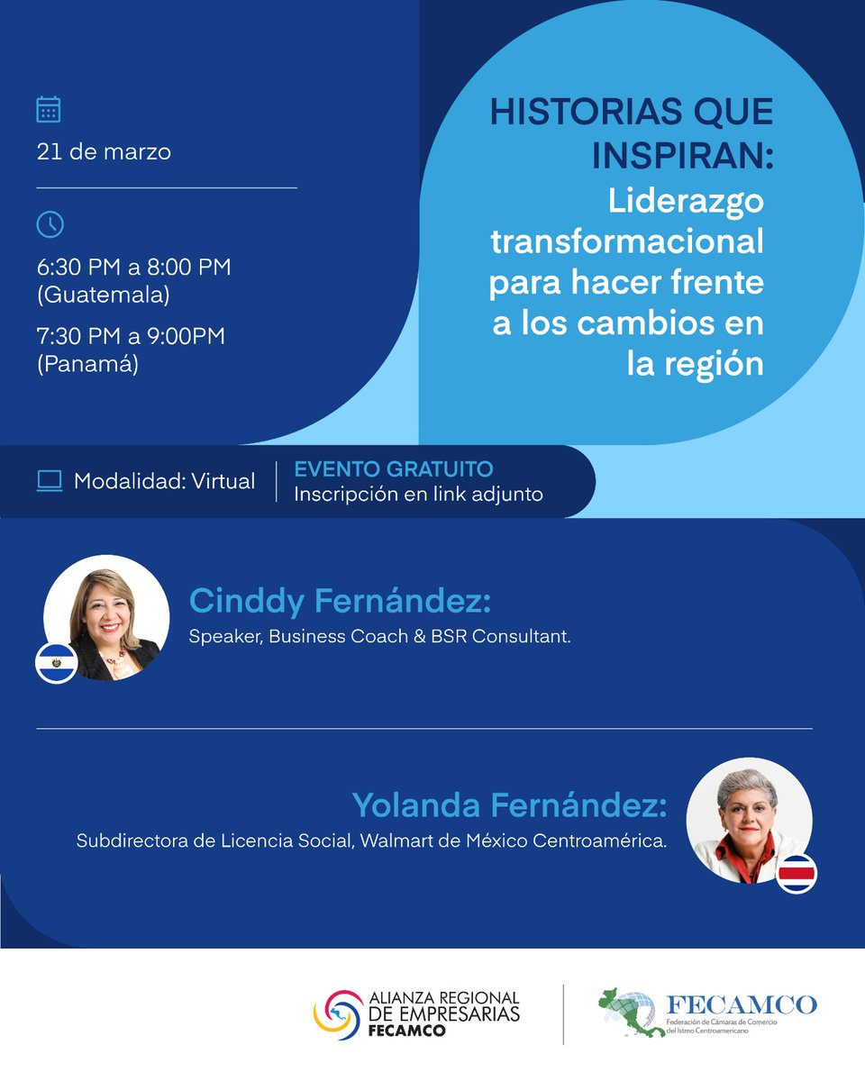 camarasal's tweet photo. ¡No te lo pierdas!

Conoce sobre liderazgo transformacional en la región en un conversatorio a cargo de las expertas @CinddFernandez y @YolandafOchoa, organizado por @fecamco 

Inscríbete y participa en el evento en: https://t.co/X3uYMK9eVZ https://t.co/FGe9dWyIJv