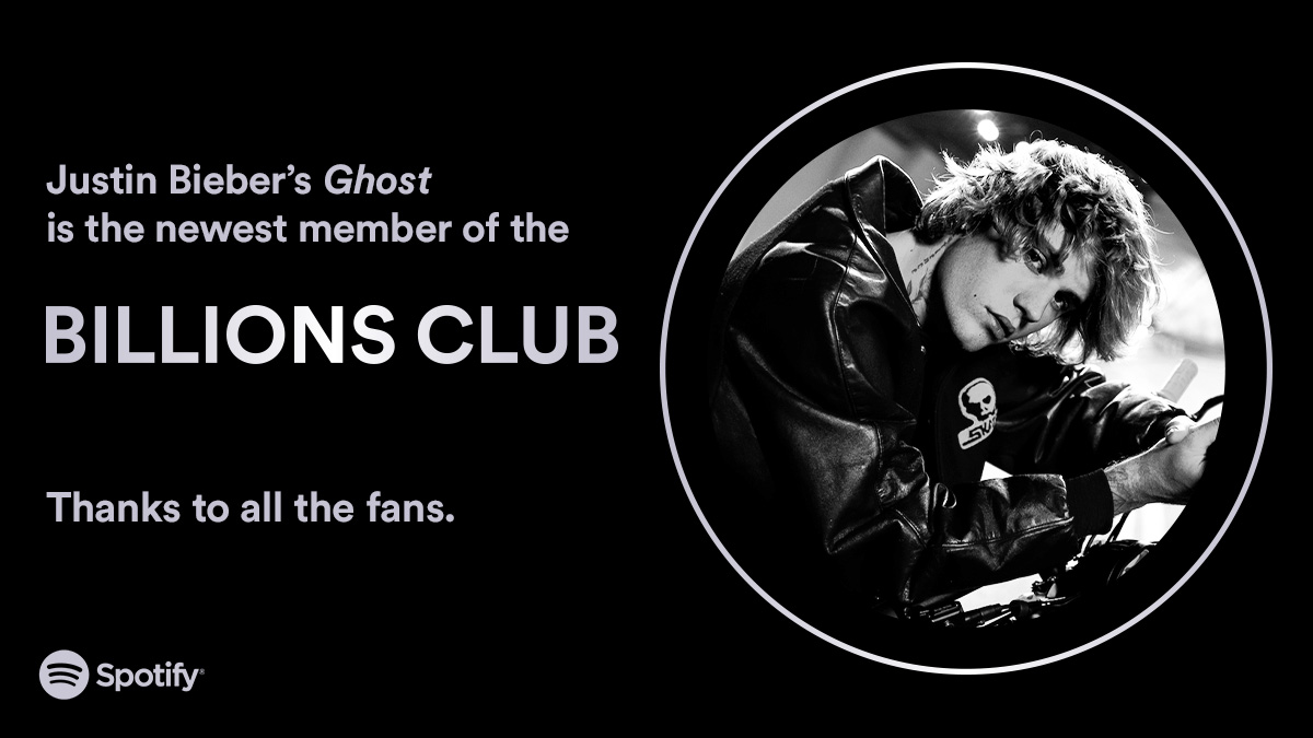 Another song from Justice has reached 1 Billion streams. Welcome Ghost to the #BillionsClub 🏆 @justinbieber spotify.link/billionsclub