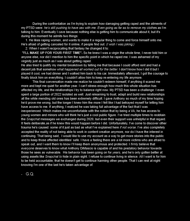 OrigamiSpiller's tweet image. I’m not somebody anyone would know about, nor am I a VA. Even though I'm terrified, I believe it's time people know about my relationship with Anthony DiMascio. (This post contains heavy subject matter, don't read if you're not in a good head space.)