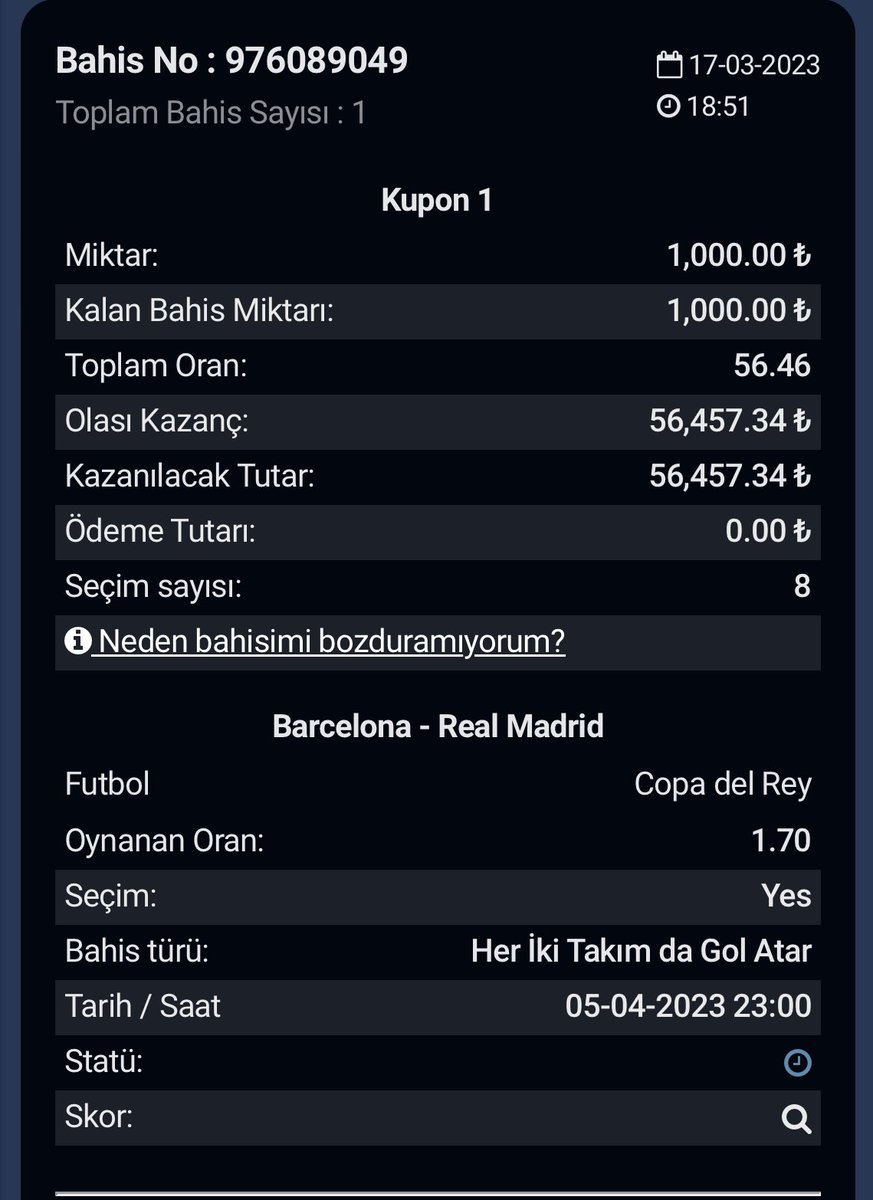 kaqancebi's tweet photo. Bugünkü son maç da gelince tam kupon tuttu diye sevinirken, dün gelsin diye takip ettiğim Barca Madrid maçı yerine aslında 5 nisanda ki Barca Madrid maçını oynamış olmamın verdiği o üzüntü 😮‍💨😮‍💨 https://t.co/VNhmDwN93Y