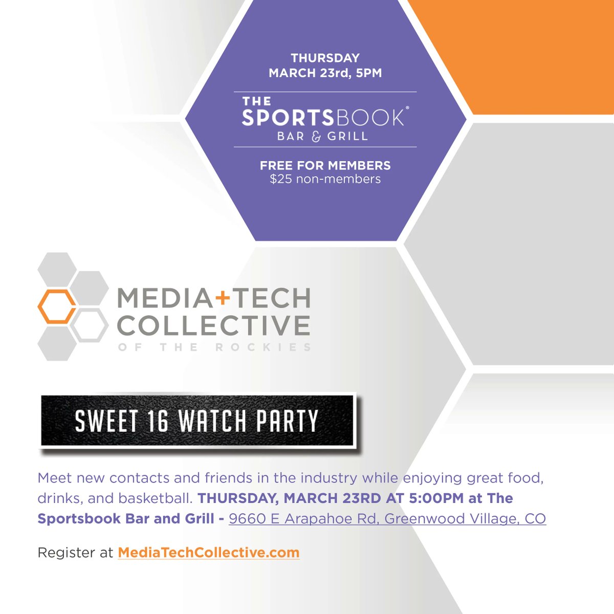 m_t_c_tweets's tweet image. JOIN MTC FOR A MARCH MADNESS WATCH PARTY TO KICK OFF THE SWEET 16! 

Where: The Sportsbook (Greenwood Village)
When: Thursday, March 23rd at 5 PM! 

Register at: buff.ly/3Lizm3A 
Free for all members, $25 for non-members