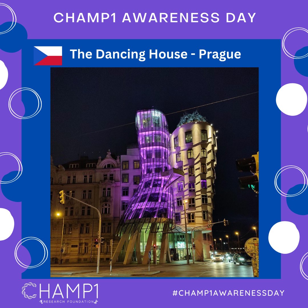 CHAMP1Research's tweet photo. The Dancing House, in Prague 🇨🇿, with purple lights for CHAMP1 Awareness Day #CHAMP1AwarenessDay #CHAMP1Research https://t.co/toThgtqMFB