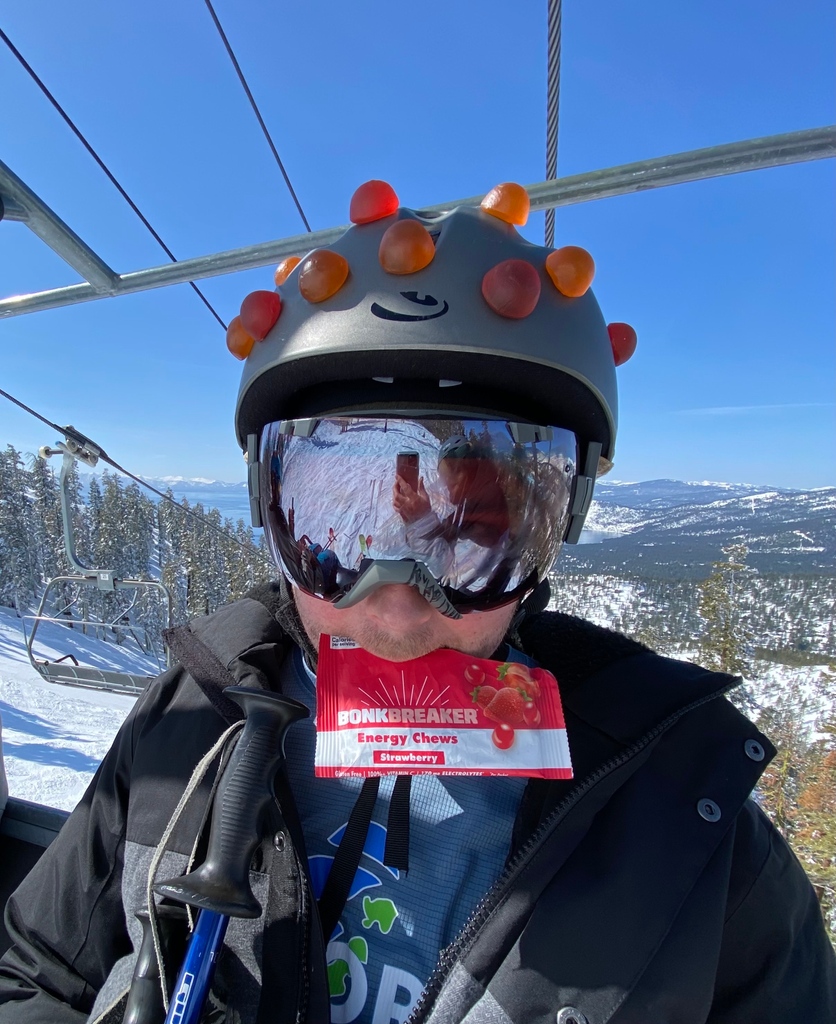 Helmet hack for Energy Chews. Great way to remind yourself to fuel, not a great way to share or make friends on the chairlift.