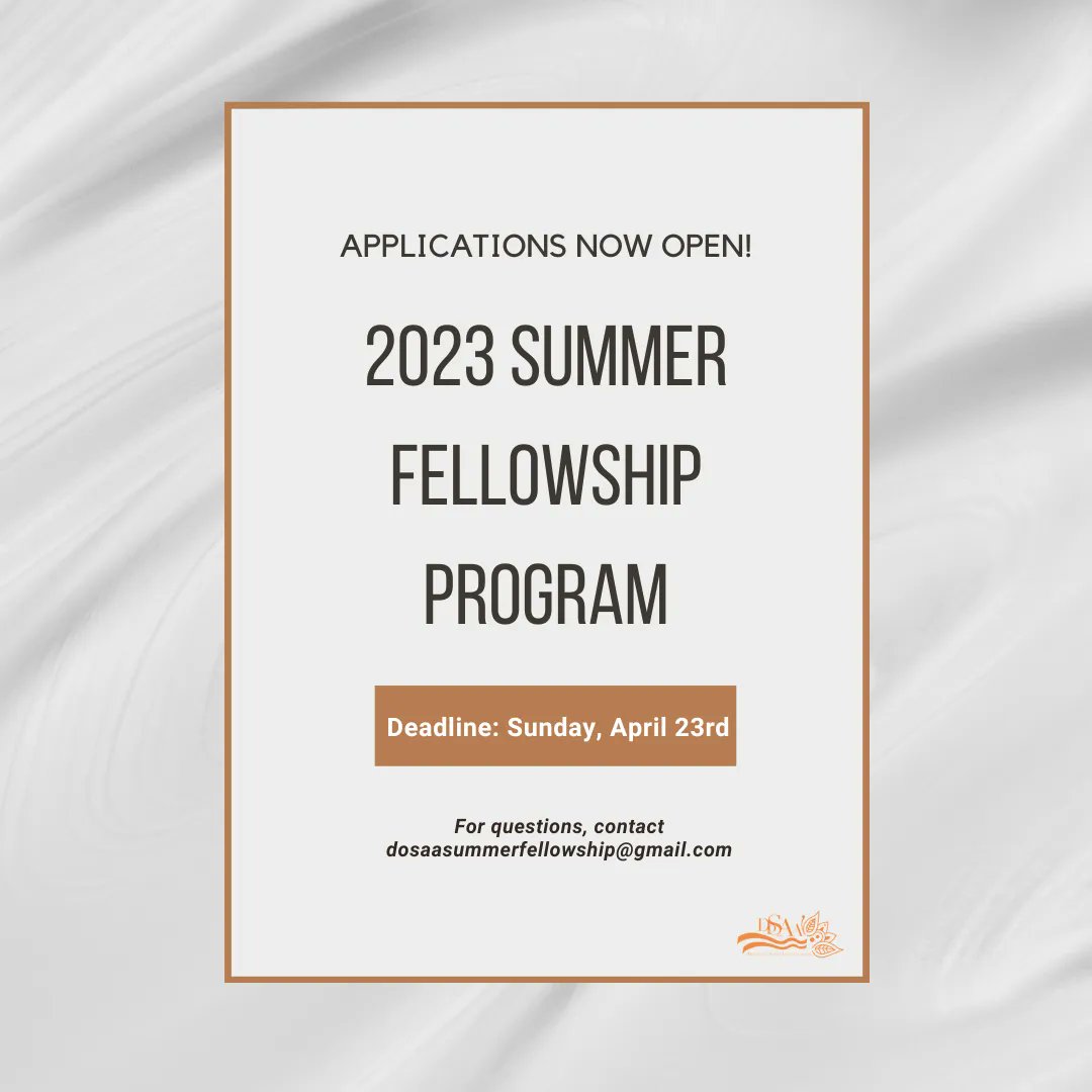 DoSAA (@dosaaonline) on Twitter photo The 7th annual Summer Fellowship Program is now accepting applications for fellows and mentors! Learn more about program details, mentor and fellow applications via our linktree (in our bio).
Questions? Contact us at dosaasummerfellowship@gmail.com The 7th annual Summer Fellowship Program is now accepting applications for fellows and mentors! Learn more about program details, mentor and fellow applications via our linktree (in our bio).
Questions? Contact us at dosaasummerfellowship@gmail.com