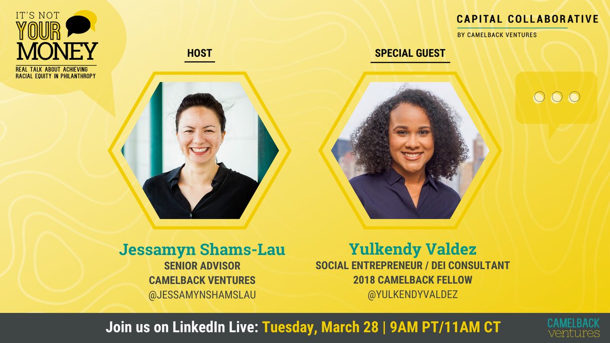 Join us next Tuesday, 3/28 for our next episode of “It’s Not Your Money,” featuring social entrepreneur, DEI consultant, and #CamelbackFellow <a href="/yulkendy/">Yulkendy Valdez (She-Her)</a>, and hear our candid convo on what it means for funders to show up for BIPOC and women entrepreneurs. bit.ly/3FAN8Le